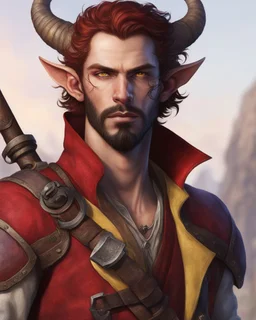 male humanoid tiefling, pirate, pale white skin, yellow eyes, soft purple lighting, round face, short beard goatee, functional clothes, red coat