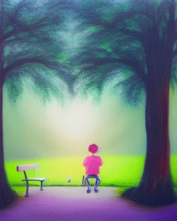 park mystical dream, park bench, man, woman, child, dog, trees, path, bird, sunshine, mystical, fantasy, romanticism, pastel colors, daylight, daytime, acrylic painting, detailed, soft focus,