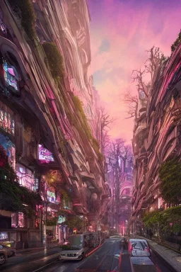 A Epic tree carved into cyberpunk city, building both side of road, dusk, masterpiece , art by jorge pardo, photorealistic, pinkish color, meditative vibe, ornate, wide view