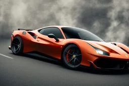 a true-to-life 2023 dark orange Ferrari 488 speciale, 2-door, wide-body, pandem, rocket bunny, mopar, carbon fibre, drift car, classic hotrod wheels and rims, ultra realistic, professional artwork, concept art, dark background, extreme detailed, 8k, sharp focus, centered camera, pivot on dodge, art