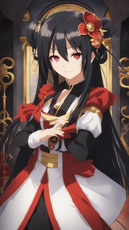 Tokisaki Kurumi appears to be elegant and has very polite manners, ivory skin and long, evil smile, crazy smile, black hair usually tied in long twin tails, deferent Eyes colors, right eye is red-tinted color, left eye appears as a golden color, inorganic clock face, a girl with astonishing beauty, wearing her astral black and red dress 'Elohim', left golden eye, in dreamshaper finetuned model with dynamic art style witg