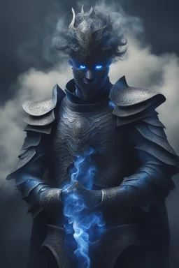 blue smoke in a shape of humanoid of colour of a storm wearing a scalemail armor