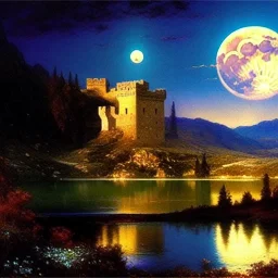 Drawing of 'Medieval Romanian Castle',mountain,lake,full moon, by gaston bussiere, greg rutkowski, yoji shinkawa, yoshitaka amano, tsutomu nihei, donato giancola, tim hildebrandt, oil on canvas, cinematic composition, extreme detail,fit full head inside picture,16k