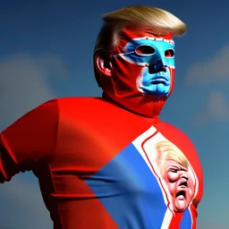 realistic image of donald trump as a mexican wrestling fighter posing, Mexican eyes wrestling mask, red and blue small mesh bodysuit, retro style, 80s, vibrant color, highly detailed, sky background, concept art, unreal engine 5, god rays, ray tracing, RTX, lumen lighting, ultra detail, volumetric lighting, 3d, finely drawn, high definition, high resolution.