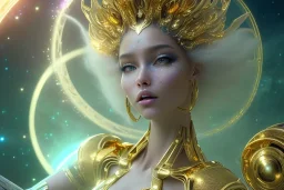  beautiful cosmic woman, gold color skin, long hair, nice smiling, magic glamour make up, delicate colors, beautiful glamour galactique dress, ultra sharp focus, 8k, unreal engine 5, extremely sharp detail, light effect, soft light atmosphere of a spaceship, smooth, full of details, face in front, complete vision of face and hair and body