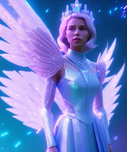 A smiling crystalised queen, atmospheric, realistic, unreal engine, cinematic lighting, octane render. blue, pink, transparency, light, shine,bright, full body, transparent wings, blonde, long hair, nice smile