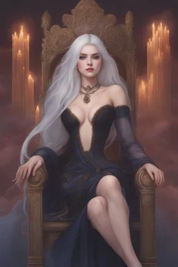 Moon queen long white hair, black robes, blue eyes