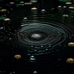 a raindrop creating one beautiful circle in a pond, dark colours