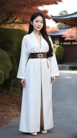4K Photorealism : 30 year old Asian woman with a full body with a proportional body, symmetrical face, precise clean brown eyes, long flowing hair, precise chest accentuation, showing typical Japanese clothing