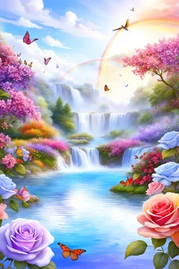 Trés belles roses, rainbows, beautiful colors gardens , flowers, cascades,Birds, butterfly