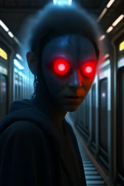 moscow underground, anime, a chat robot that stares at the camera like its the prettiest demon he has ever seen, its such a perfect day, motion blur, smoke, 8k, downlight, soft light, depth of field, photorealism, trending on art station, lotsa detail