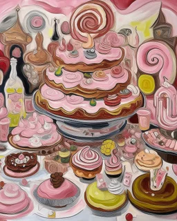 A light pink mystical carnival made out of cakes, cookies, and donuts painted by Pablo Picasso