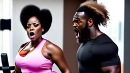 angry black lady screams while talking to Tyrone using workout machine on the phone