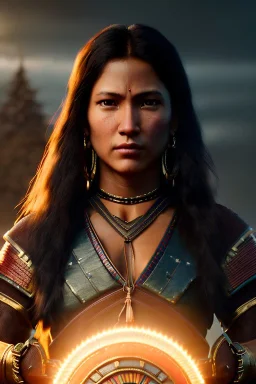 Native American female warrior,athletic build, ominous, dnd character portrait, waist up portrait, intricate, oil on canvas, masterpiece, expert, insanely detailed, 4k resolution, retroanime style, cute big circular reflective eyes, cinematic smooth, intricate detail , soft smooth lighting, vibrant colors, hokusai style arm sleeve tatoo