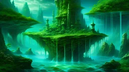 Emerald Tide Spires A breathtaking archipelago where colossal, verdant crystals pierce the skies, creating a labyrinth of bioluminescent waters and lush islands teeming with rare flora and fauna.