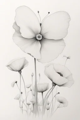 A white butterfly Minimalist white ink pencil and white drawing of white poppies in a white background