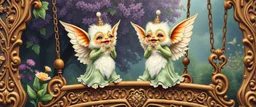 sacred geometry embroidered patterns, two totally symmetric fluffy angel gremlin slug nice cheerleader singing on ornate carved magical sceptre bridge in garden , full body portrait T-pose strong aura, oil painting and air brush, in swing net
