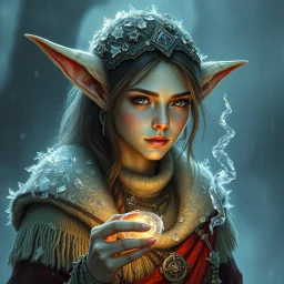 a pretty goblin shaman woman, young adult, ice