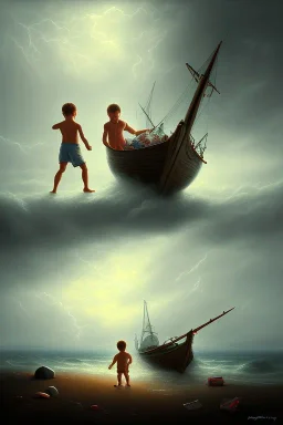 painting of young boy standing and old man sleeping on beach, dark storm clouds overhead, gloomy, bleak, shopping trolley, ship at sea, little fires