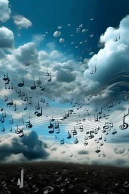 Surrealistisches bild von Himmel viele versteckte Sachen Wolken haben form von Musiknoten viele sachen