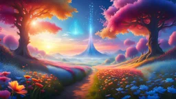 paesaggio eterico sole nascente brillante alta definizione 8k fiori colorati cielo blu alberi fatati