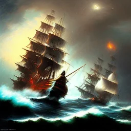 frank frazetta style, pirate ship battle, ocean, storm, night