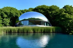 A sleek monolithic dome home with a glossy metallic facade and large glass windows, perched above a still water body. The structure integrates modern curved lines with the natural environment, surrounded by lush vegetation and offering a serene escape.