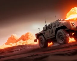 wide angle of Gi joe driving A lunar armored rover with tracks and claw and orange, troops, big Erupting volcanoes, White headlights