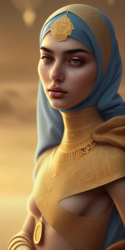 Arab young woman ,Arabic features، cute, beautiful, black eyes,Natural contours, real skin ,Modest Arabic style dress، head and shoulders portrait, cinematic, 8k, resolution concept art portrait by Greg Rutkowski, Artgerm, WLOP, Alphonse Mucha dynamic lighting hyperdetailed intricately detailed