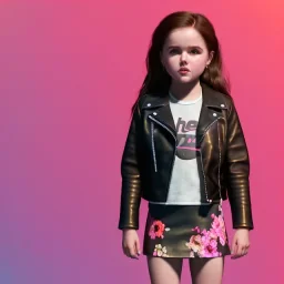 Zoey deutch toddler, full body, leather jacket, floral shirt, floral skirt, Nike sneaker, soft skin, city background, dramatic lighting, hyper realistic