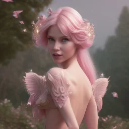 a pink castle, a cheerful fairy in front, big smile, pink, blonde hair, beautiful, whole face, whole top hair head, wide open blue eyes, transparent wings onn the back, hyperrealism, masterpiece, expert, cinematic lighting, sharp focus, 8K, pastel, macro lens, woman, detailed, flower