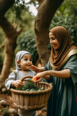 A mother wearing a hijab picks olives from the tree, and a son holds the basket sideways and is happy