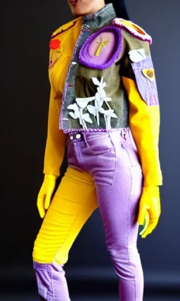 Photo of Asa akira. Camouflage colors are terracotta, cream and purple, lilac and Cream latex, imperial yellow, red plum. Baggy jeans! plant print.European daft punk woman. Mantle is sewed of recycled Denim and sewed together of recycled polymer felt. lace, Yellow(Munsell) areas. hint of orange as effect color!!Big bright purple/khaki felt tippet and cream or blue or lilac colored-hood. mantle is merged with satchel. . AKG-style headphones (gold rings!) is merged with felt cap, cyan small visor.