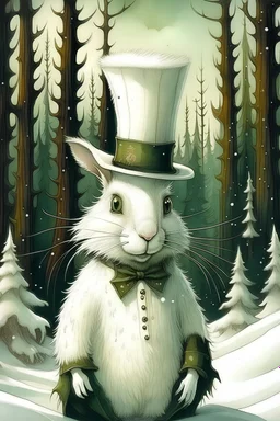 Cute fantasy white snowshoe hare wearing a top hat; big pine trees all around; in the style of John Blanche