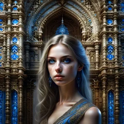 Behold the stunning beauty of this exquisite piece of art! A woman with piercing blue eyes gazes out from within the intricate details of a magnificent building, creating a mesmerizing visual experience that is sure to captivate all who behold it.