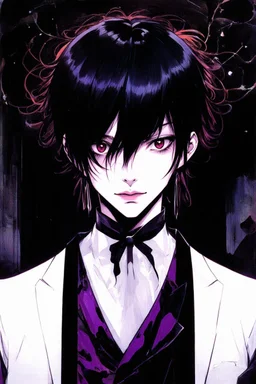 black hair, 19year old, male, alchemist, in the style of Harry Clarke