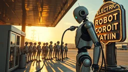 A cinematic wide-angle oil painting of a humanoid robot plugging a thick electric charging cable into its torso port at a futuristic charging station within a retro-style gas station. A long line of identical humanoid robots stands patiently behind, waiting for their turn to recharge. A large vintage-style sign to the side reads 'Electric Robot Charging Station.' The scene is bathed in golden-hour lighting, with rich, noisy colors, expressive thick brushstrokes, intricate steampunk elements, glo