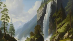 A mountain with a giant waterfall near a forest painted by Henry-Robert Brésil