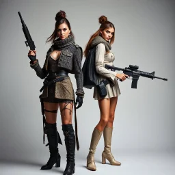 Female fashion models with weapons.