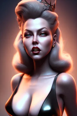 Lana Turner as evil queen in black leather, leather, busty, cleavage, angry, stern look. character design by cory loftis, fenghua zhong, ryohei hase, ismail inceoglu and ruan jia. unreal engine 5, artistic lighting, highly detailed, photorealistic, fantasy