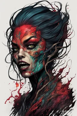 highly detailed full color concept illustration of a treacherous female Bruxa character , maximalist, sharp focus, highest resolution, in the styles of Alex Pardee, Denis Forkas , and Masahiro Ito, boldly inked, 8k, coarse, gritty textures