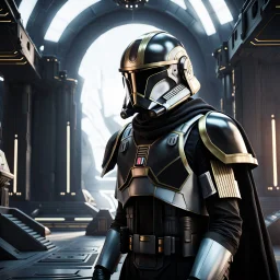 star wars bald male corellian pilot wearing pearlescent black and gunmetal grey First Order special forces heavy assault stealth commando armor and helmet with gold trim inside the jedi temple, hyperdetailed, dynamic lighting, hyperdetailed background, 8k resolution, volumetric lighting, light skin, fully symmetric details