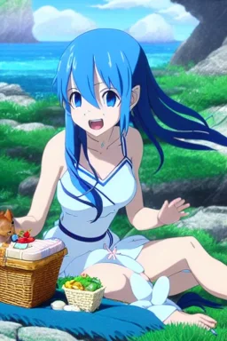 Female sea elf on a picnic with her animal friends,blue hair, blue skin, expressive emotion, highly detailed, art by studio ghibli, laughing, nature, Grove, oasis