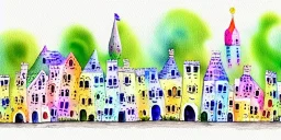 exquisite whimsical village watercolor, delicate village, cute, adorable, linen backdrop