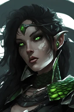 female snake humanoid, digital art, wearing a black leather armor, green scales on the face, dungeons and dragons
