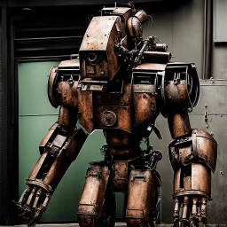 trash mech suit, human-sized, made of scrap metal, small, rusting