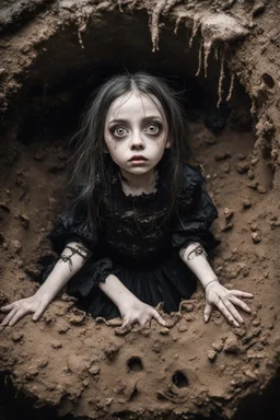 Closeup petit Girl goth with big eyes, fullbody, ragged clothes, extended like roots, the perspective looking up from the bottom of an empty well ,under mud and rats, 8k,macro photography,