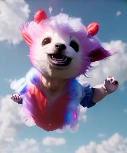 Ultra realistic clouds sky scene, medium shot view, portrait, sweet Childs, free jumping flying, trinkets, monster hair, jelly beans, balls, smile, happy, Peter Pan style, inflatable color clothing, extreme, wind, clouds sea, 20,000 feet altitude, stratosphere, soft color, highly detailed, unreal engine 5, ray tracing, RTX, lumen lighting, ultra detail, volumetric lighting, 3d, finely drawn, high definition, high resolution.