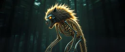 radiant Werewolf Skeleton with lotsa fluffy fur, motion blur background dark forest in the style of giger and Escher