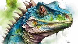 dnd, fantasy, watercolour, humongous strokes, stylistic, portrait, illustration, furry, lizard, personable face